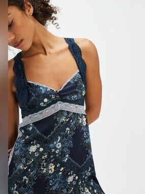 NWT Free People Just Dreamy Maxi Slip Dress- Indigo Combo $128 MSRP